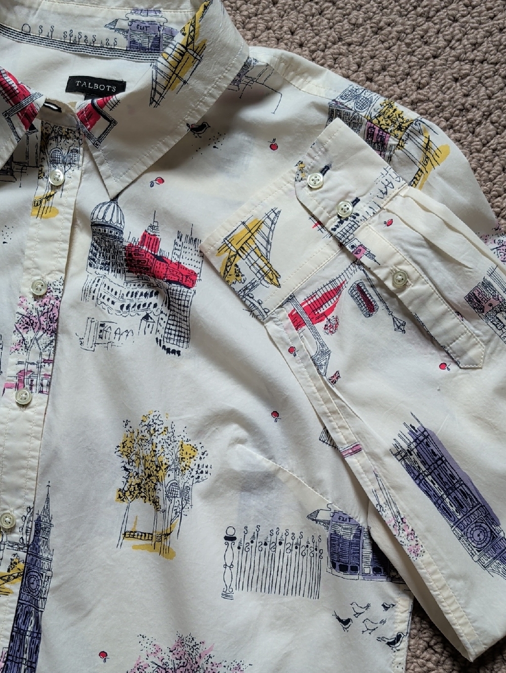 Anglophile Cream Cityscape Print Button-Up Shirt Big Ben London Eye Toile - Picture 12 of 15